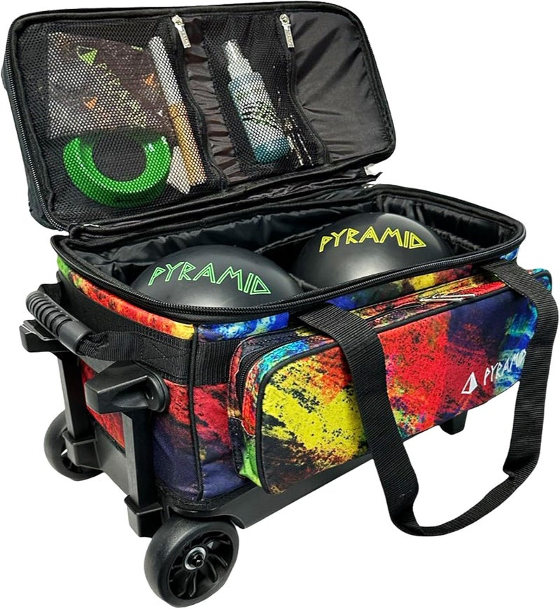 Pyramid Deluxe Double Roller 2 Ball Bowling Bag with Large Separate Shoe Compartment (Up To 2 Pairs Of Shoes) and Accessory Pockets, Sturdy Square Handle - Extends to 40" - Pro Options Available - Image 2